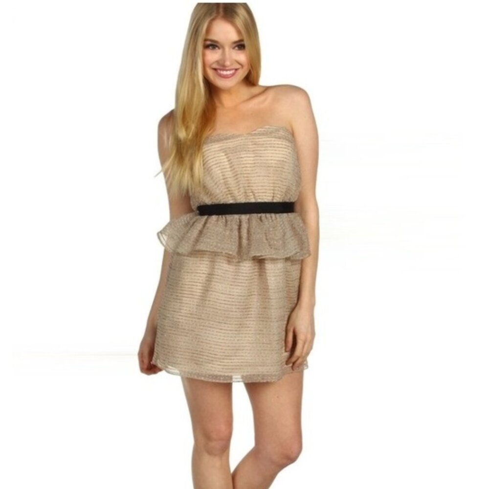 BCBG Beige Black Silver Striped Strapless Dress 12 NWT